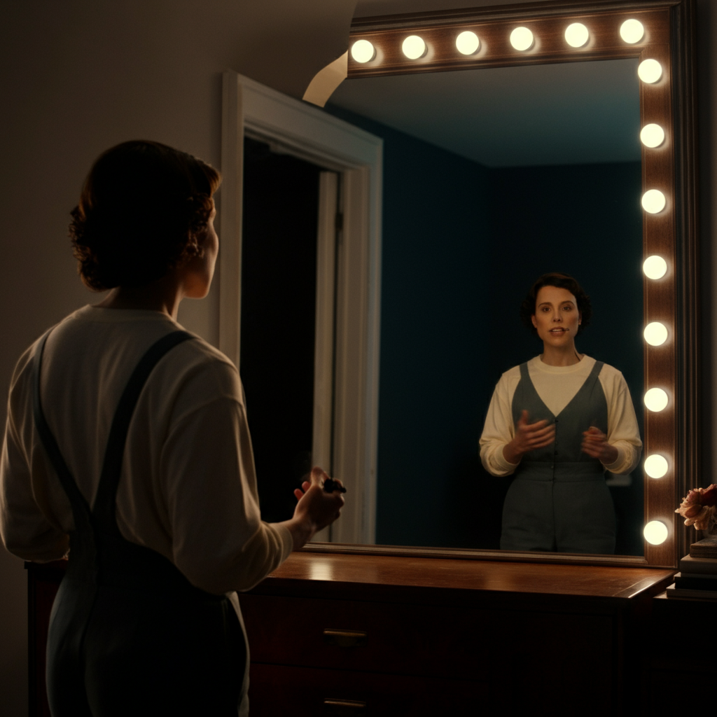 A person standing in front of a mirror, practicing a presentation. The lighting is soft and flattering, emphasizing the speaker's confidence and posture. The reflection in the mirror adds depth and dimension to the scene.