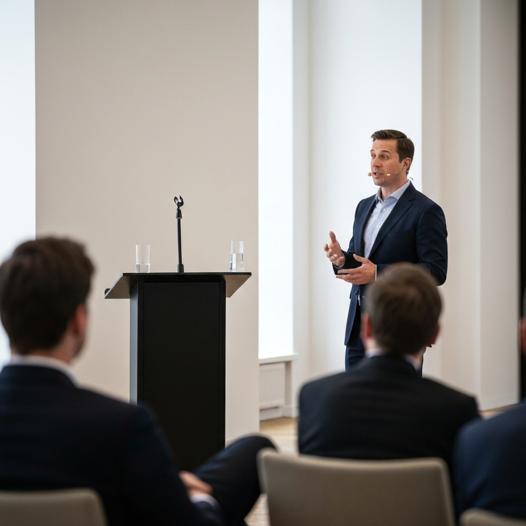 A speaker standing at a podium, answering a question from an audience member. The lighting is bright and focused on the speaker, highlighting their engagement and attentiveness. The audience member is blurred in the background, creating a sense of depth.