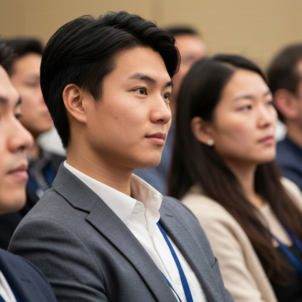 A close-up shot of an audience member nodding attentively while listening to a speaker. The lighting is soft and natural, emphasizing the attentiveness and engagement of the listener.