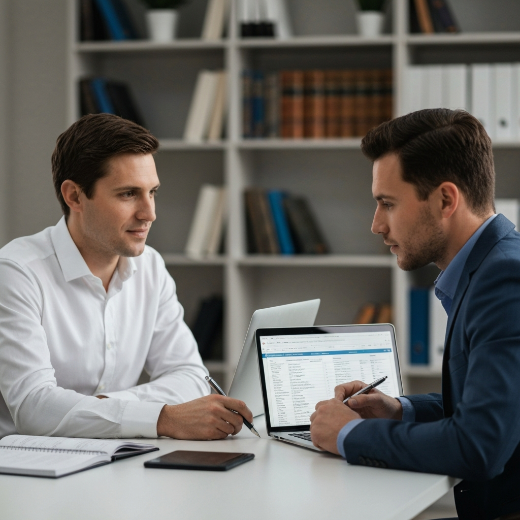 A well-lit office. A financial advisor in a crisp white shirt sits across from a business owner reviewing a spreadsheet together on a laptop, soft bokeh background showcasing bookshelves.