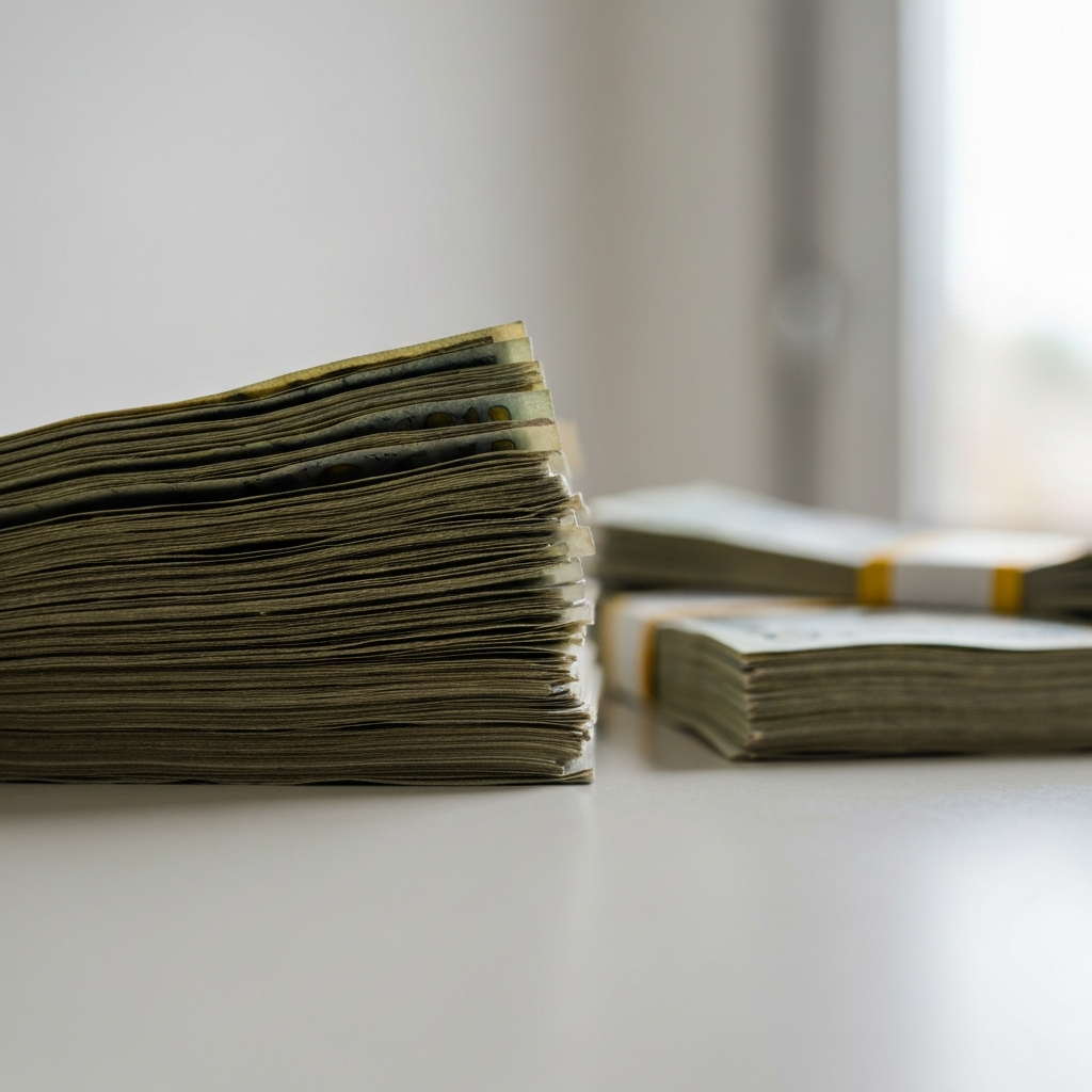 A close-up shot of a stack of neatly arranged banknotes with crisp edges, soft focus on the background creating a sense of depth and security.