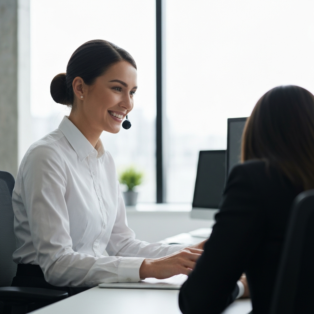 A side-lit shot of a customer service representative smiling warmly while assisting a customer in a bright, modern office setting. Soft lighting highlighting the textures of the desk and equipment.