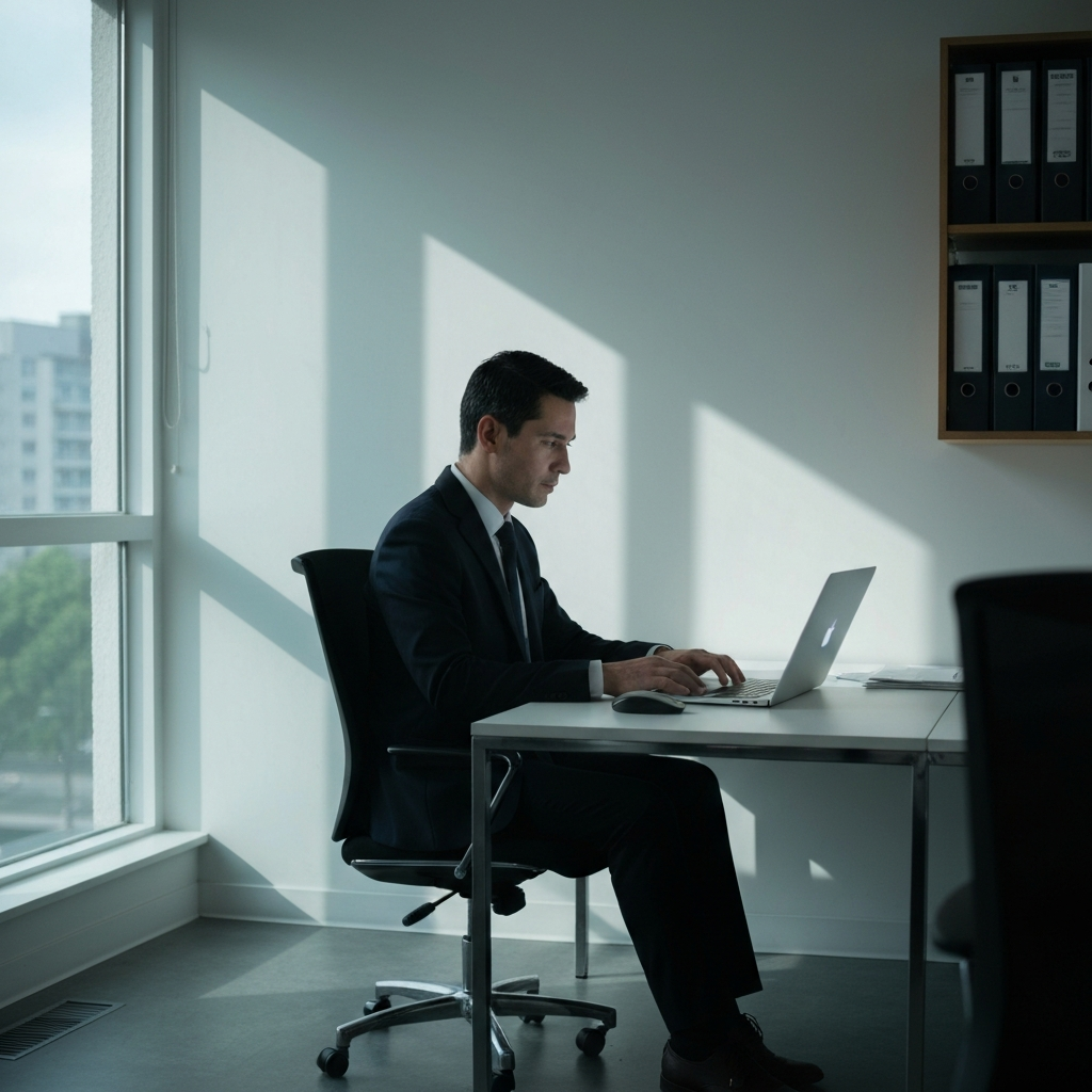 A minimalist office space with an employee using a laptop. Natural light filtering through the window, creating a sense of efficiency and focus.