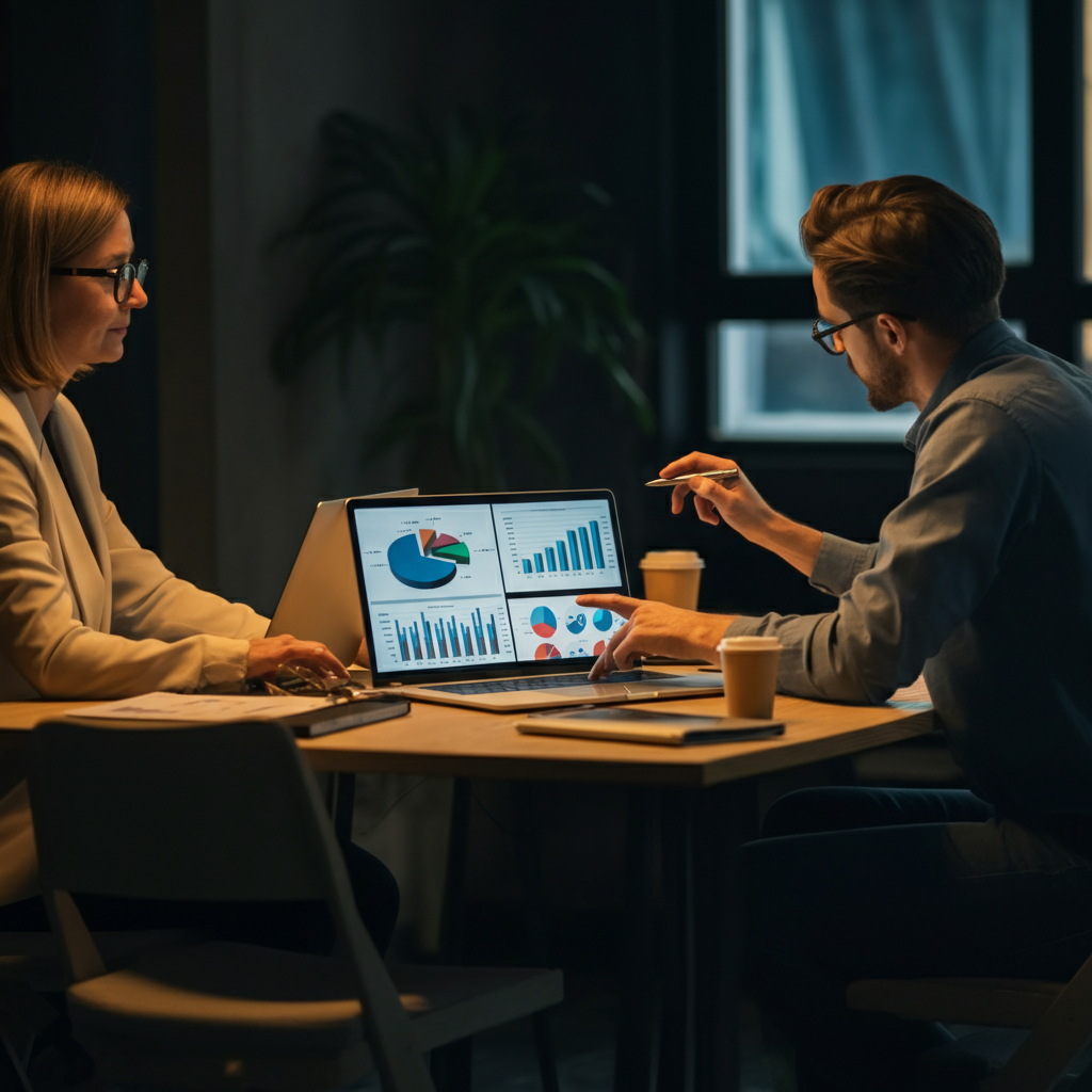 A marketing team collaborating around a table, reviewing analytics dashboards on laptops. Warm lighting highlighting the collaboration and data-driven approach.