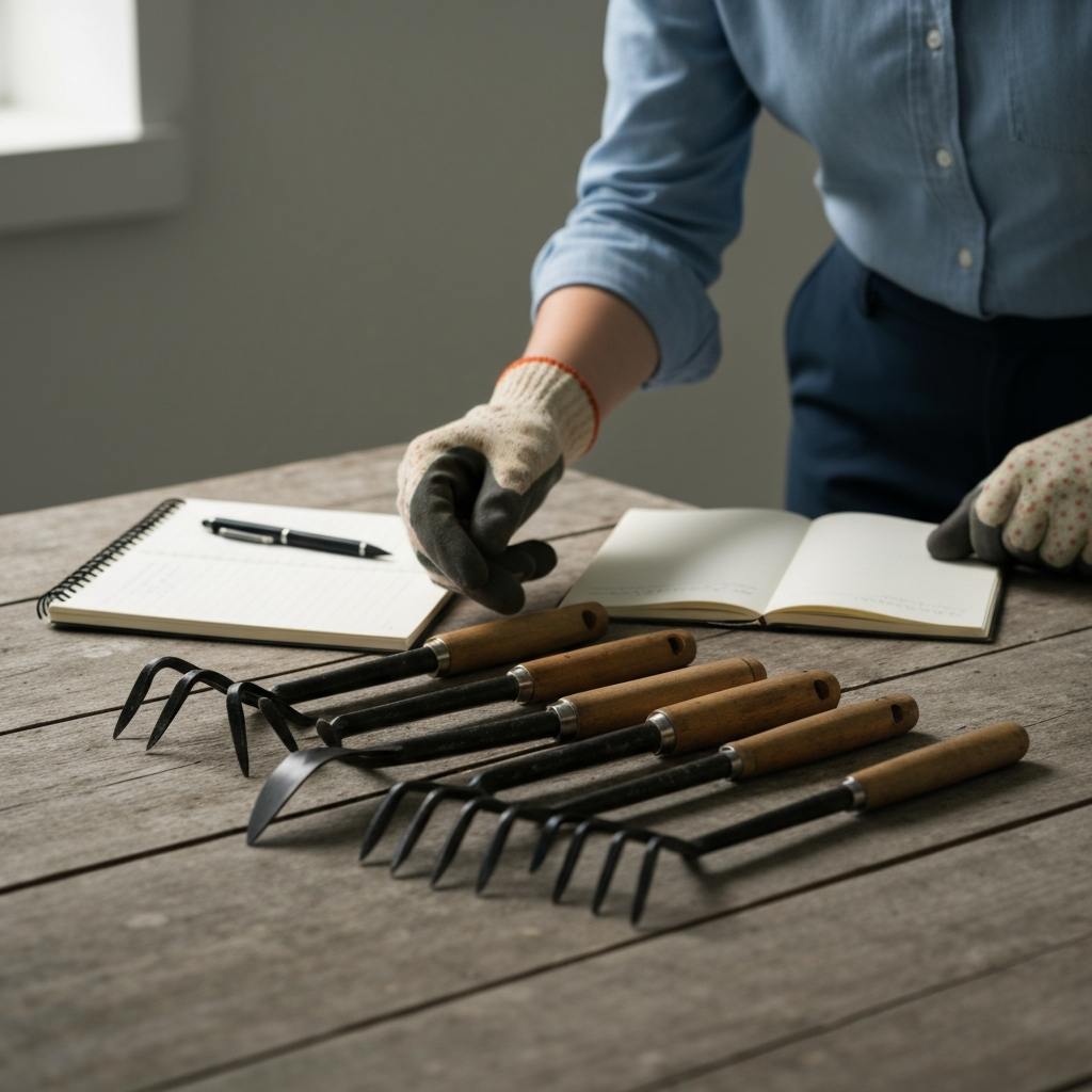 A person wearing gardening gloves is meticulously inspecting a collection of gardening tools laid out on a weathered wooden table. Soft, diffused daylight illuminates the scene, highlighting the textures of the tools and the wood grain. A notebook and pen are placed beside the tools, suggesting documentation.