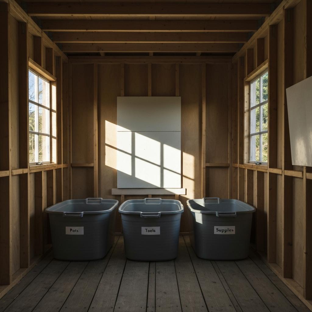 Three large plastic tubs are arranged in a sunny garden shed. Each tub has a clear label: "Pots", "Tools", and "Supplies". Natural light streams in from a small window, casting long shadows and emphasizing the dust motes in the air.
