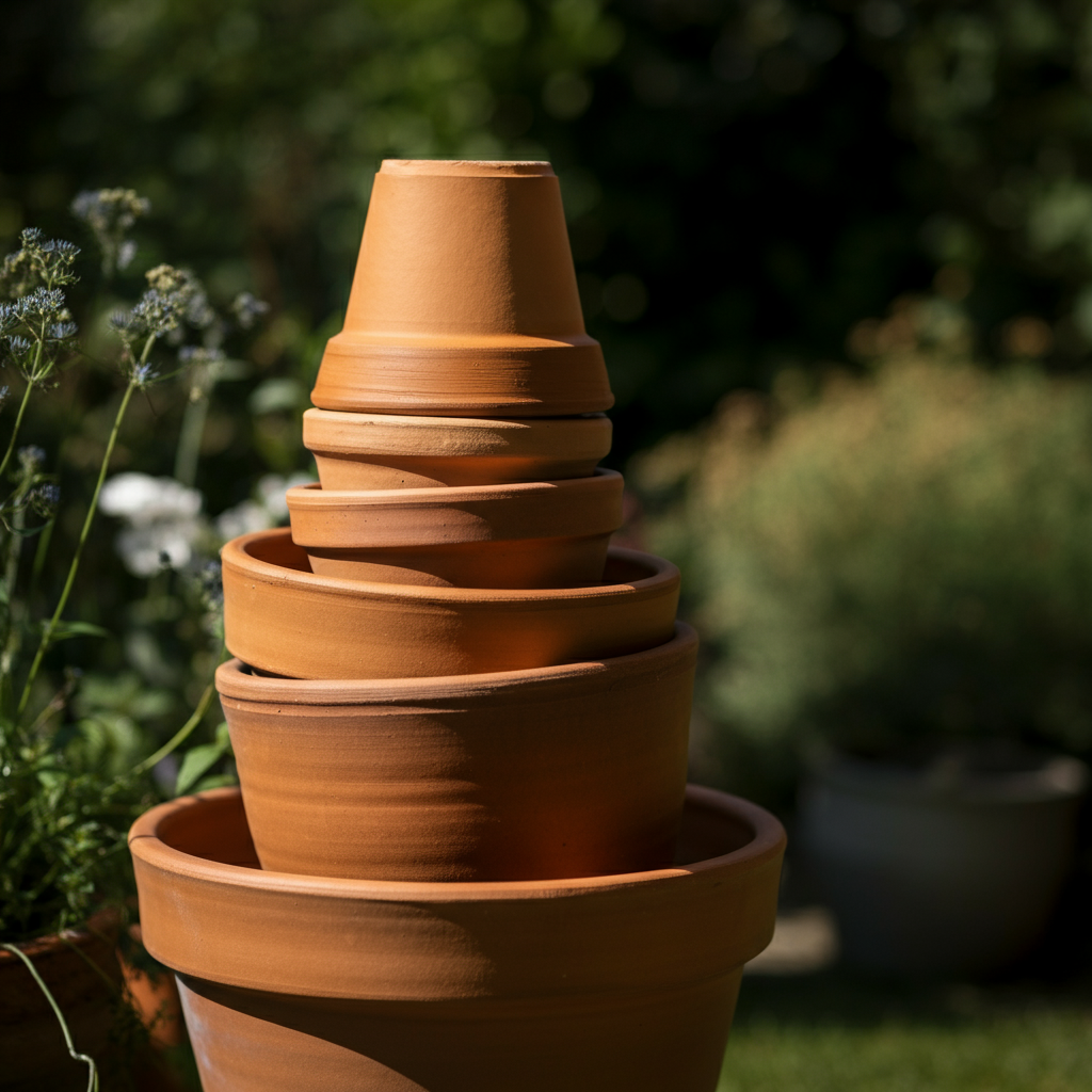 A neatly organized stack of terracotta pots of varying sizes. The pots are stacked in a pyramid shape, with the largest pots at the bottom and the smallest at the top. The background is a blurred garden setting. The lighting is bright and natural, highlighting the terracotta's warm tones and texture.