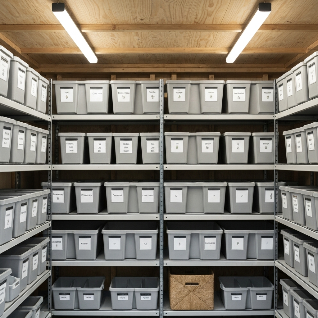Rows of labeled storage bins in a tidy garden shed. The bins are made of durable plastic and neatly organized on metal shelving. Each bin has a clear label indicating its contents (e.g., "Fertilizer," "Seeds," "Pesticides"). The shed is clean and well-lit with overhead fluorescent lights.