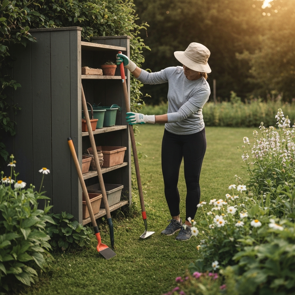 A person is tidying up a garden, placing tools back in a designated storage area. The garden is lush and green, with flowers in full bloom. The person is wearing gardening gloves and a sun hat. The lighting is soft and diffused, creating a peaceful and inviting atmosphere.