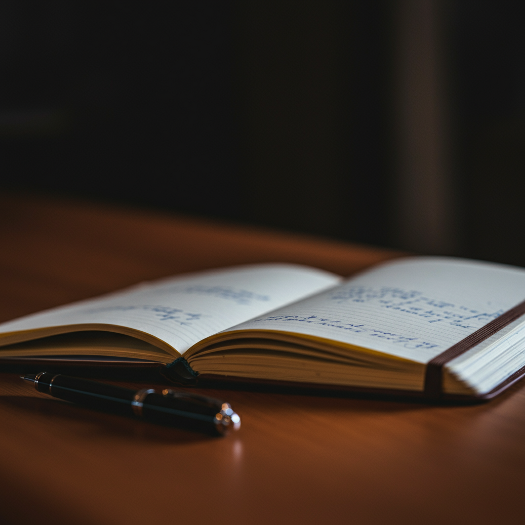 Close-up shot of a journal resting on a wooden desk, next to a pen. The lighting is soft and warm, with a shallow depth of field blurring the background. The journal is open to a page filled with handwritten notes.