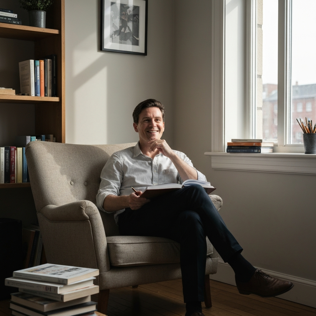 A person sits comfortably in an armchair, surrounded by books and art supplies. Natural light streams in from a nearby window, casting soft shadows on their face as they smile thoughtfully.