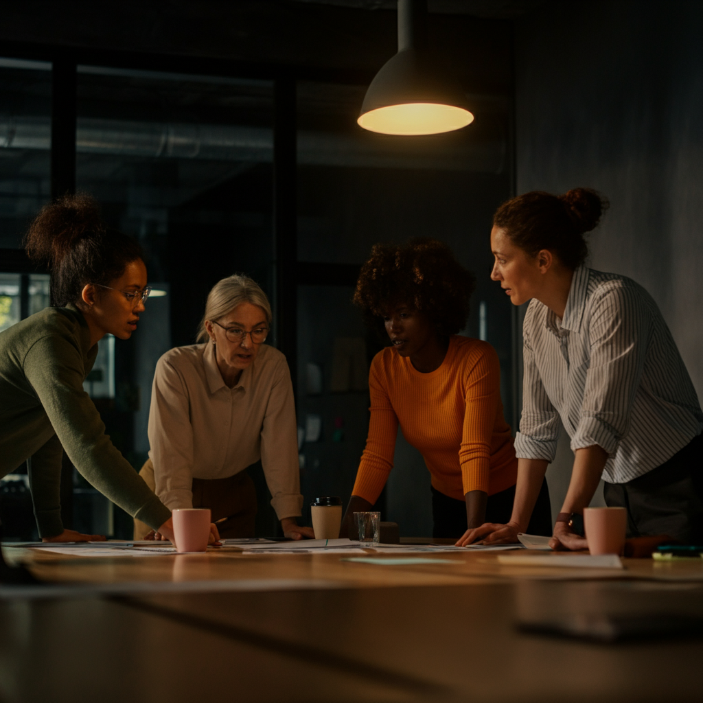 A group of diverse professionals are gathered around a table in a modern office, engaged in a collaborative brainstorming session. The lighting is bright and professional, with a focus on the individuals' expressions and body language.