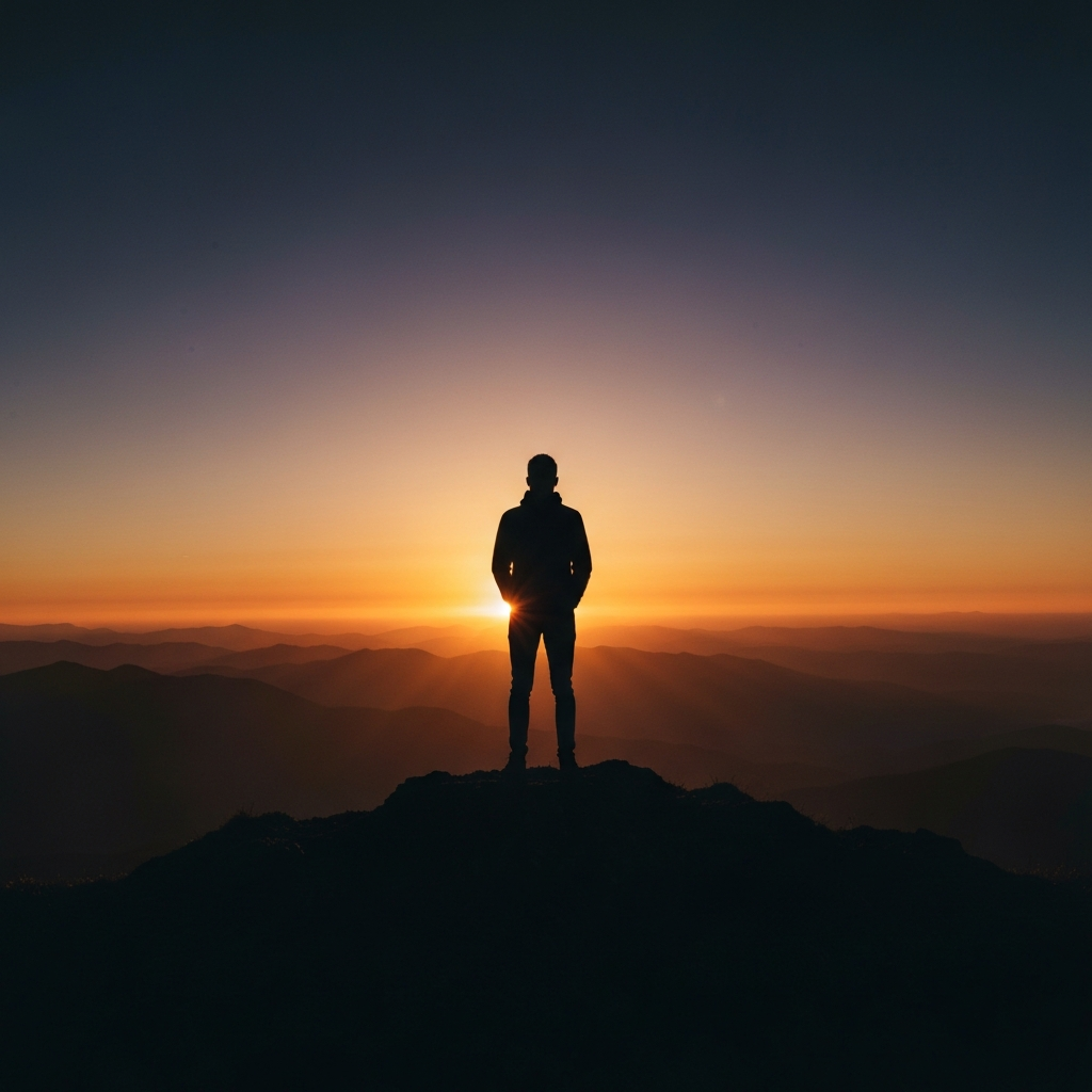 A person stands on a mountaintop, silhouetted against a vibrant sunset. The lighting is dramatic, with a strong contrast between light and shadow, creating a sense of awe and inspiration.