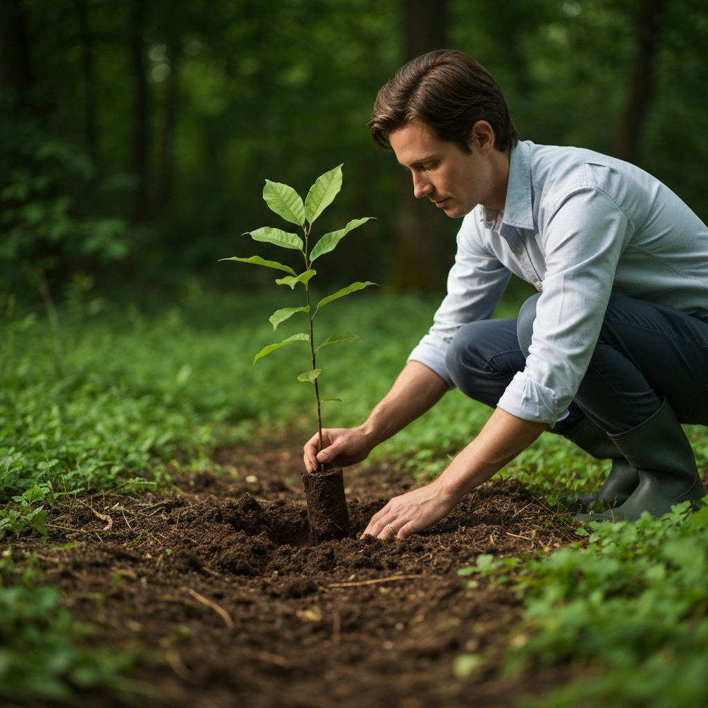 A person is planting a tree sapling in a lush, green forest. The lighting is natural and soft, highlighting the texture of the soil and the leaves.