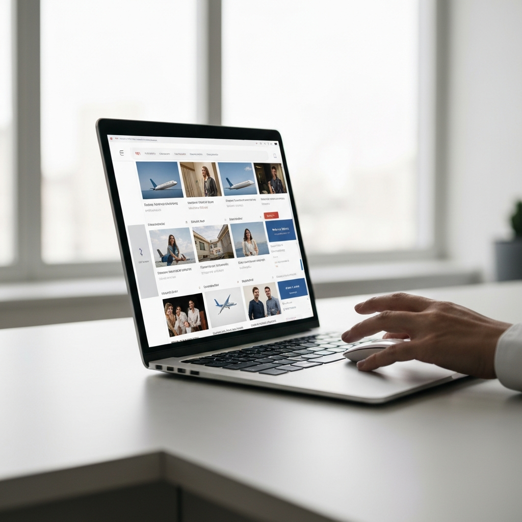 A laptop screen displays a flight booking website with numerous flight options. A hand hovers over the mouse, selecting a particular flight. The screen is side-lit, showcasing the various filters and options on the website.
