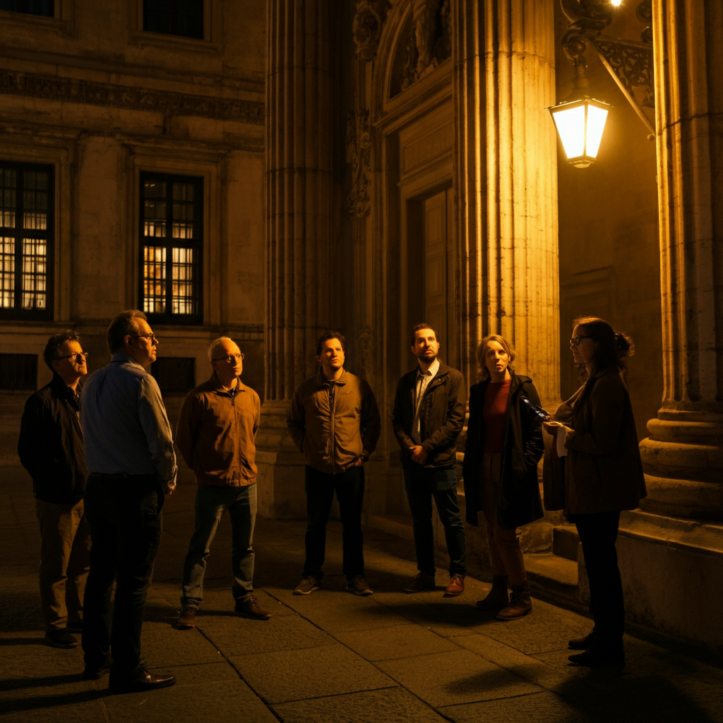 A group of people on a free walking tour, listening attentively to the guide in front of a historic building. Golden hour lighting casts warm shadows on the scene.