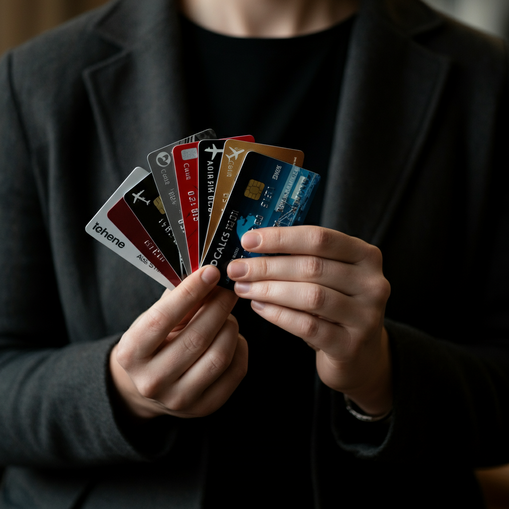 A person's hands holding a collection of different credit cards, fanned out like a hand of cards. The cards feature various travel-related logos and designs. The background is blurred, emphasizing the cards.