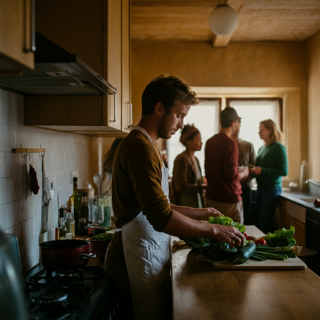 A brightly lit kitchen in a hostel, where a traveler is preparing a meal with fresh vegetables. Other travelers are visible in the background, cooking and socializing.