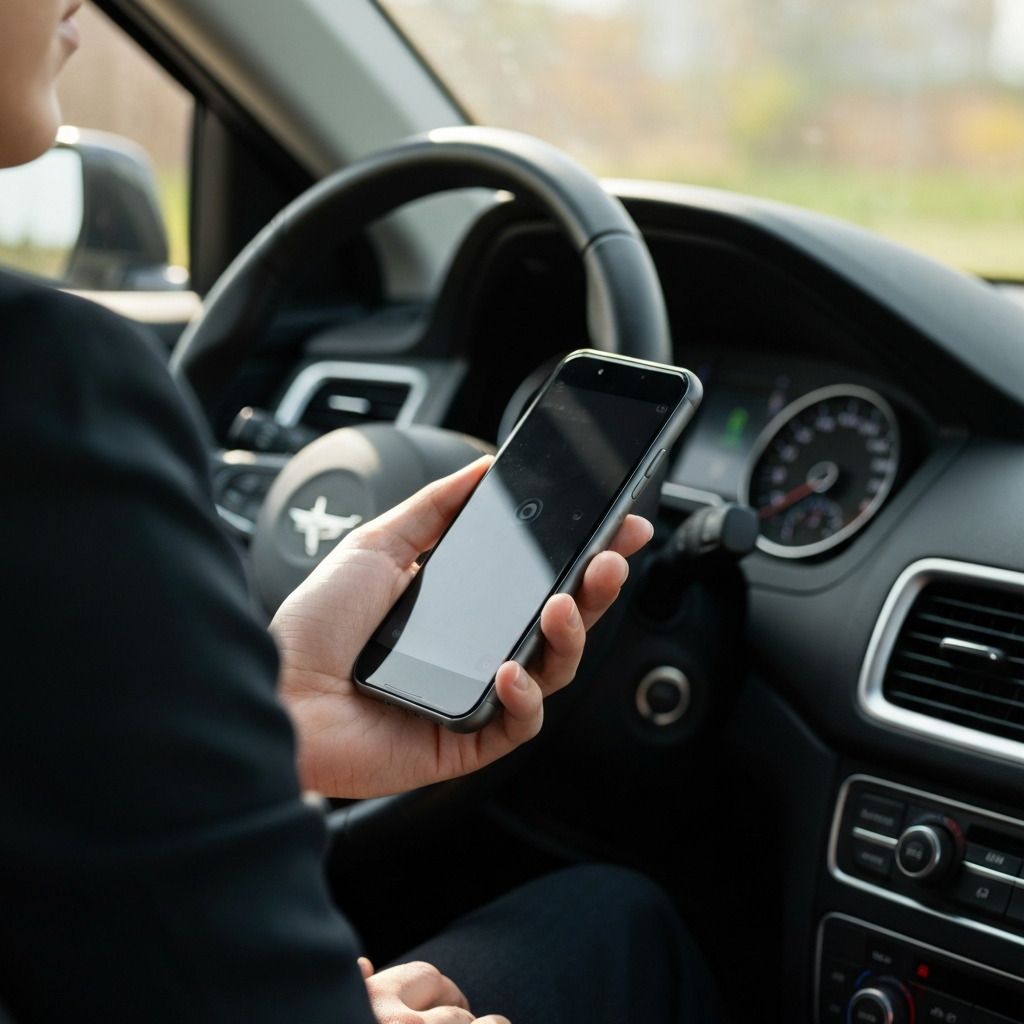 Close-up of a person's hand holding a smartphone, recording a voice memo inside a car. Soft natural light illuminates the dashboard in the background, creating a shallow depth of field.