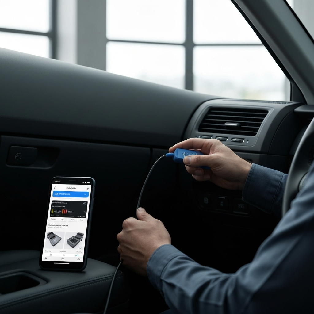 A mechanic plugging a Bluetooth OBD-II scanner into the port beneath a car's dashboard. A smartphone rests on the seat beside him, displaying an OBD-II scanner app interface with engine diagnostic data. The lighting is bright and clean, highlighting the mechanic's workspace.