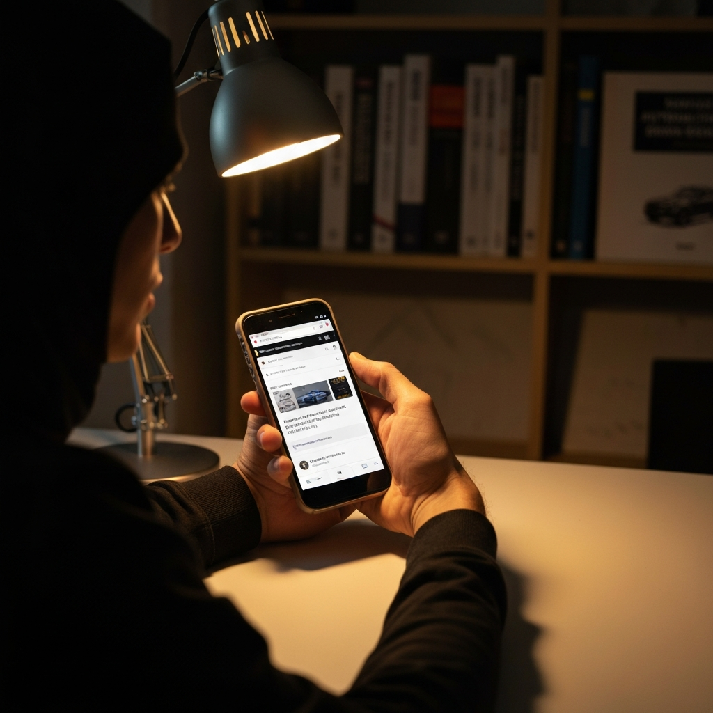 A person sitting at a desk, illuminated by a desk lamp. They are holding a smartphone and scrolling through an automotive forum website. The screen displays a thread discussing common error codes. The background features a blurred bookshelf filled with automotive repair manuals.