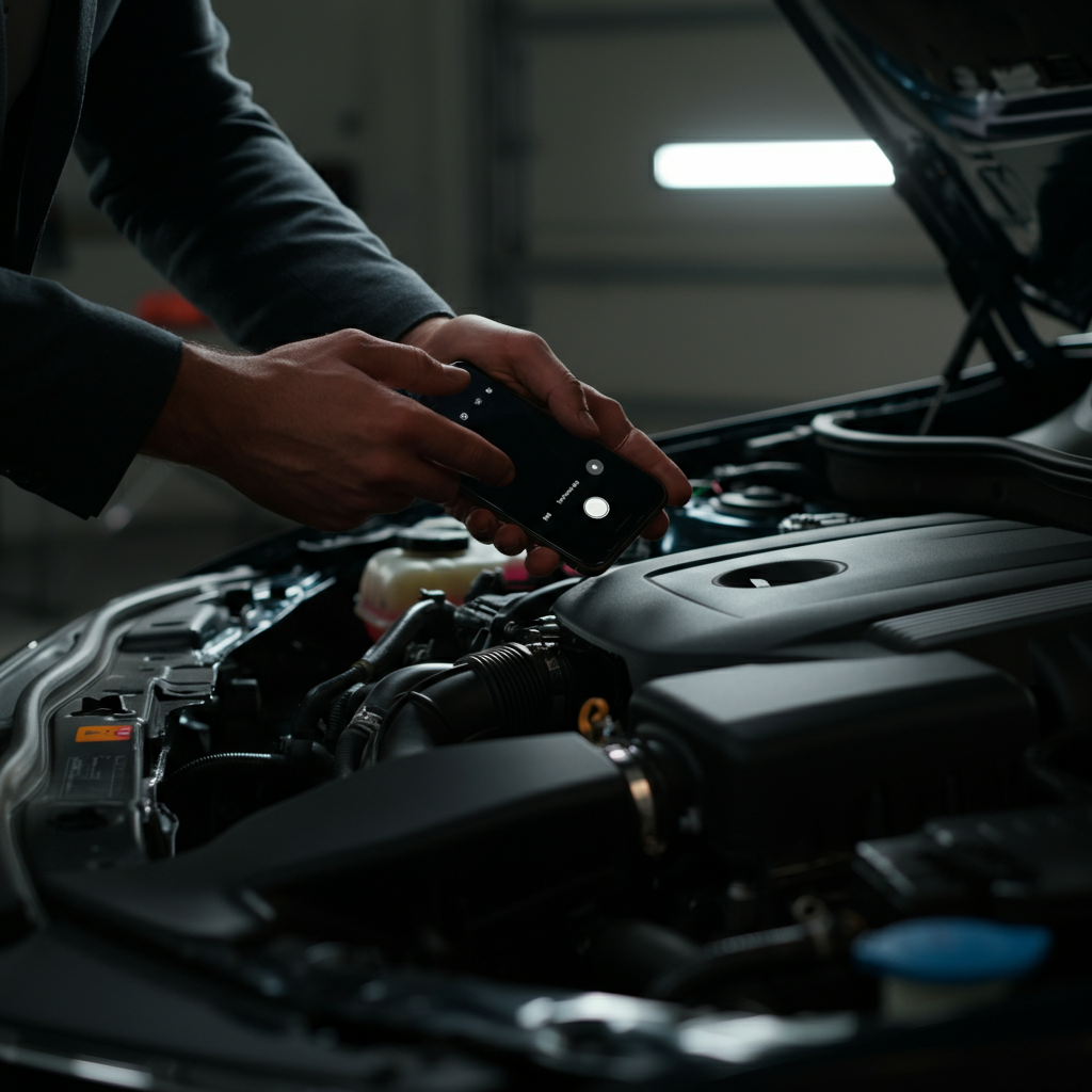 A person using their smartphone's camera and flash to inspect the engine bay of a car. The image is well-lit, focusing on the engine components and revealing details like hose connections and wiring. Soft bokeh in the background blurs the surrounding garage environment.