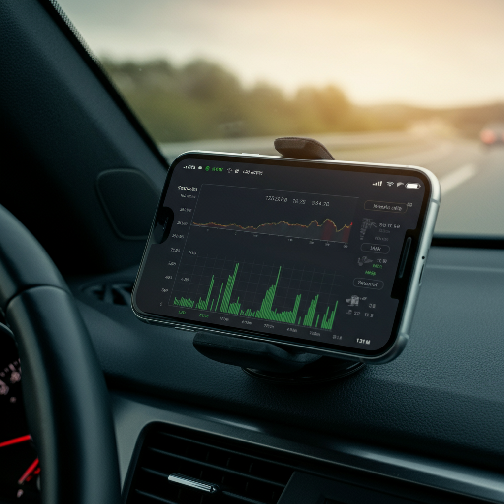 A smartphone displaying a graph of engine RPM and other sensor data, mounted on a dashboard car mount. The background shows the road ahead through the windshield, slightly blurred, indicating motion.