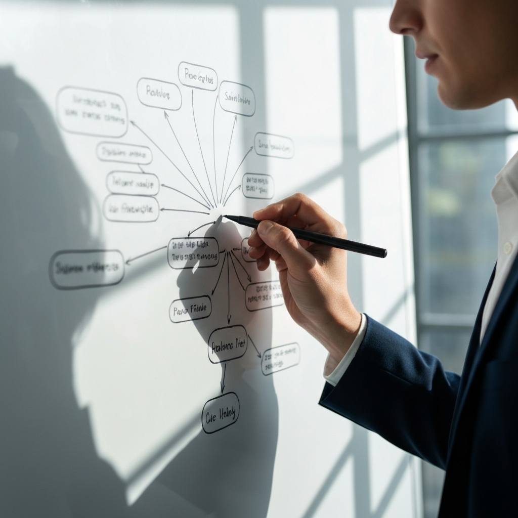 Close-up of a hand sketching a detailed mind map on a large whiteboard. Soft, diffused light from a nearby window highlights the various ideas connected by lines and arrows. The pens are neatly arranged in a holder.
