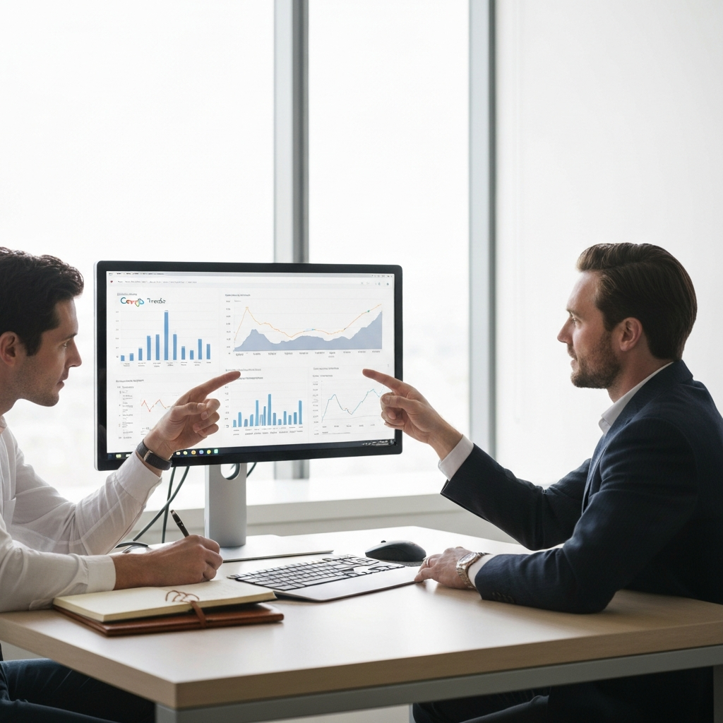 A brightly lit office with a large monitor displaying Google Trends data. Two people are collaborating, pointing and discussing the graphs. One is making notes in a leather-bound notebook. The room is clean and organized.