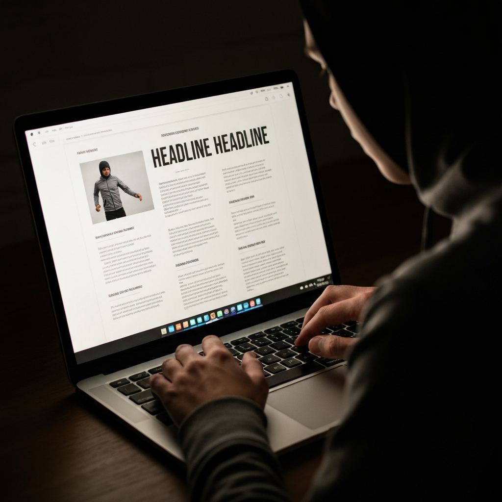A laptop displaying different headline variations on a document, with a person's hands hovering over the keyboard. The screen is illuminated, casting a soft glow on the user's face. Background is blurred, focusing on the screen and hands.