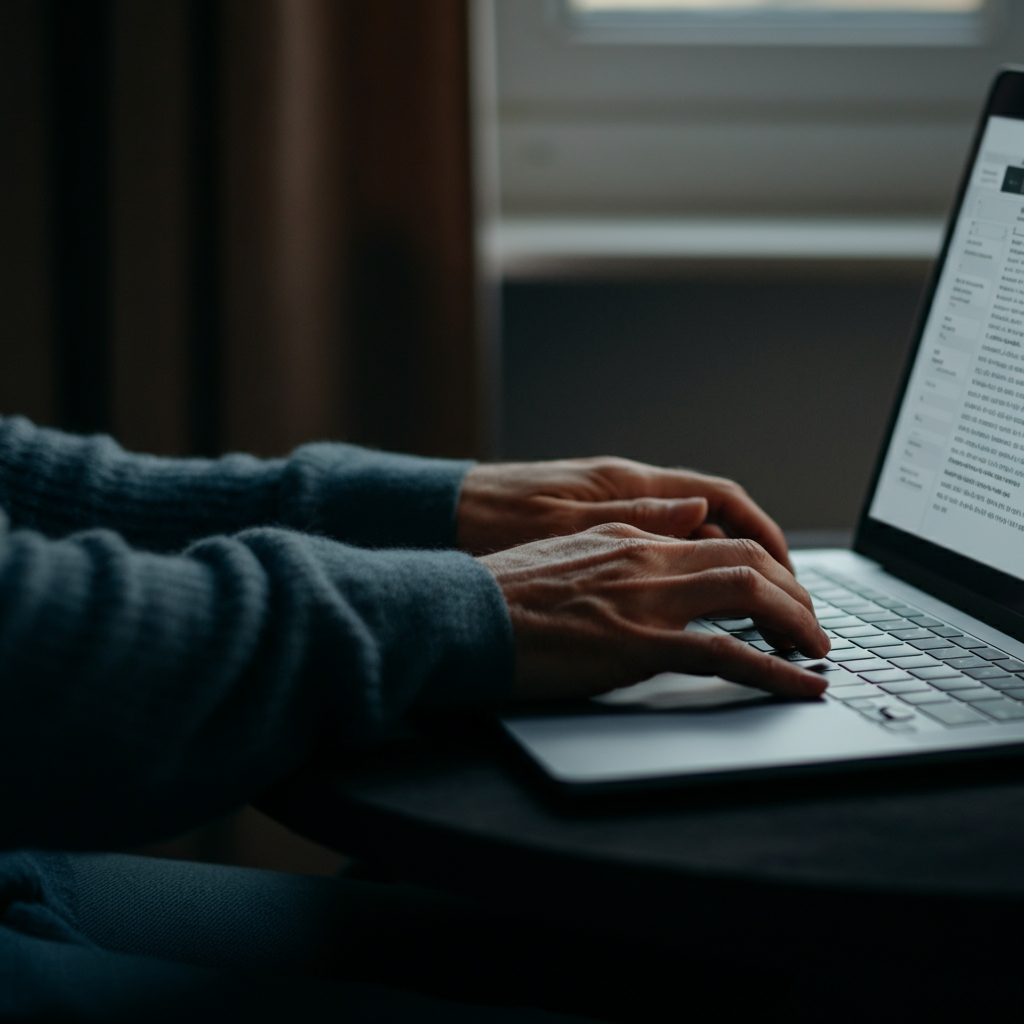 A close-up of a person's hands typing on a keyboard, with a focused expression on their face. The screen displays a document with well-formatted text. Soft light from a nearby window illuminates the scene.