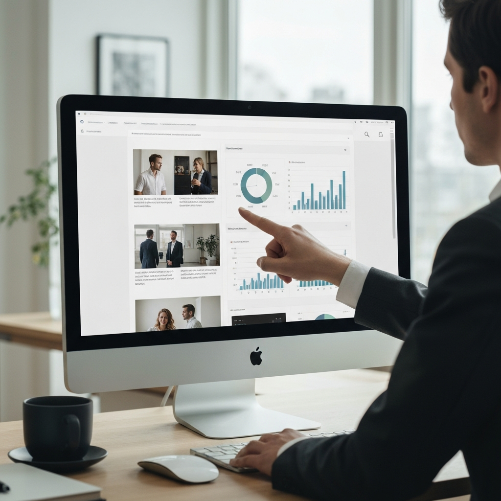 A computer monitor displaying a draft article with embedded images and charts. A hand is pointing to a specific chart on the screen. The room is well-lit and organized.