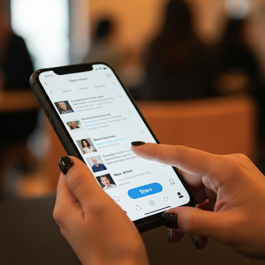 A smartphone displaying a social media feed with a recently published article. The screen is illuminated, and a person's hand is about to tap the "share" button. The background is blurred.
