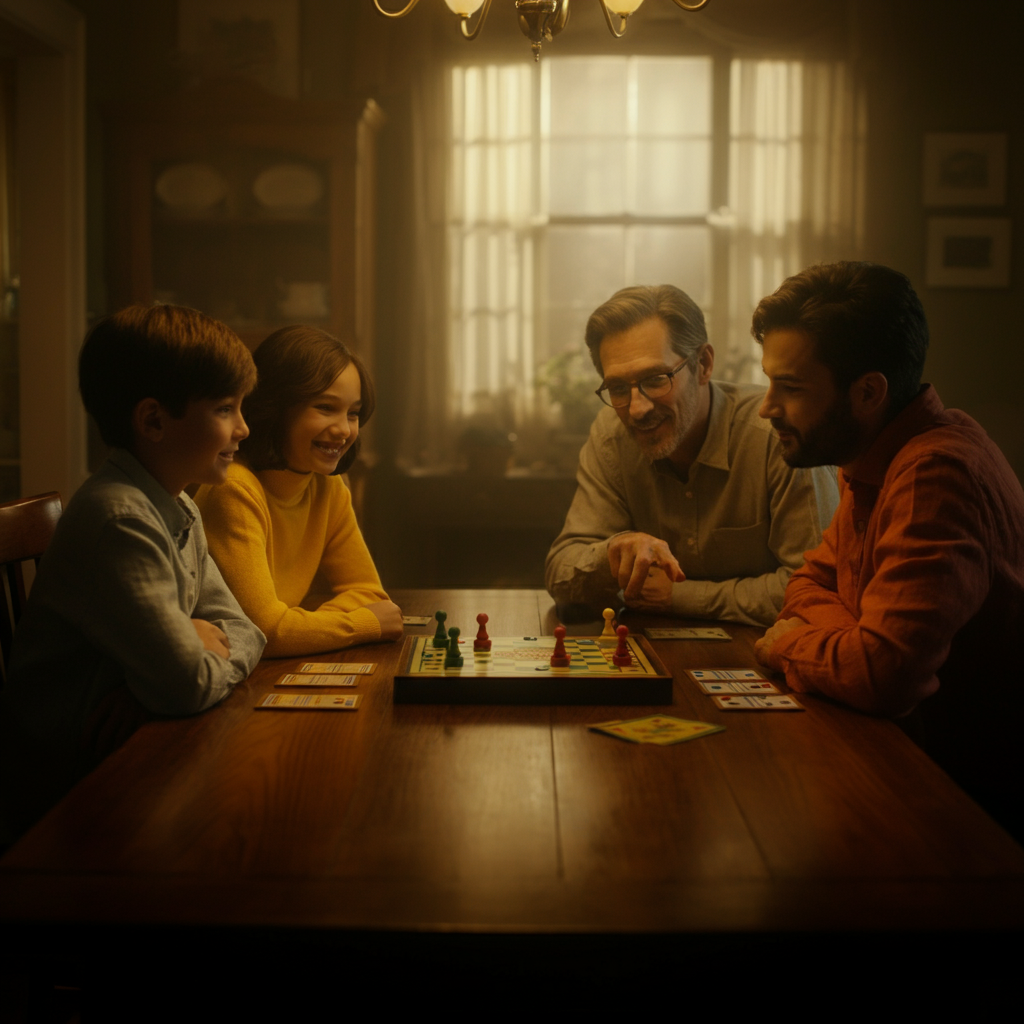 A warmly lit dining room with a family of four playing a board game. Soft bokeh in the background, highlighting the cheerful expressions of the family members. Golden hour lighting streaming through the window.