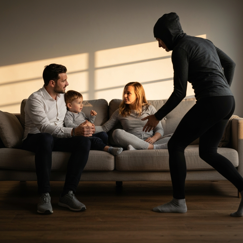 A family sitting together on a comfortable sofa, engaged in a heartfelt conversation. Soft, diffused light creates a warm and inviting atmosphere. Textures of the fabric and wood are subtly visible.