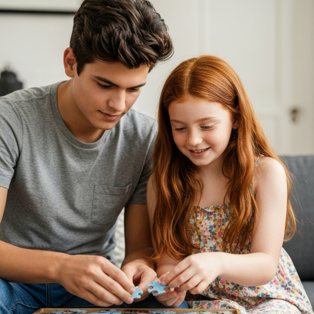Two siblings, an older brother and younger sister, sitting side-by-side, working together on a puzzle. Soft, natural lighting highlighting the subtle textures of the puzzle pieces and their hands.