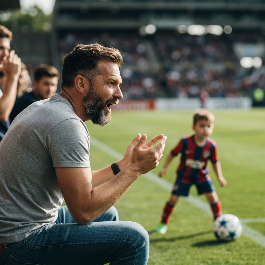 A parent attending their child's soccer game, cheering enthusiastically from the sidelines. Side-lit shot with a long lens, capturing the parent's proud expression and the child's focused gaze on the field.