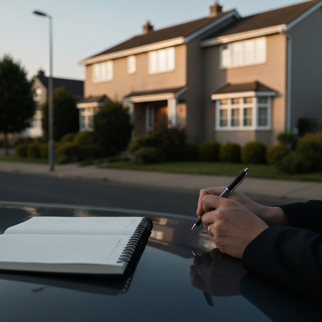 Wide shot of a well-maintained suburban house during golden hour. A notebook and pen rest on the hood of a car parked across the street, suggesting someone is taking notes about the property.