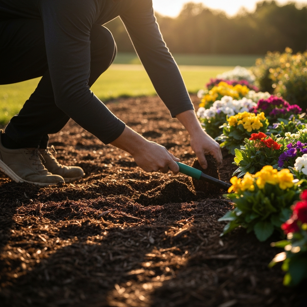 A gardener is planting colorful annuals in a freshly mulched flower bed. The sun is side-lit, emphasizing the texture of the mulch and the vibrant colors of the flowers.