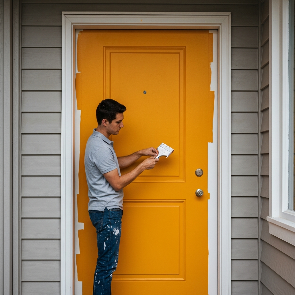 A painter is carefully applying fresh paint to a front door. The door is a vibrant color and contrasts nicely with the neutral siding of the house.