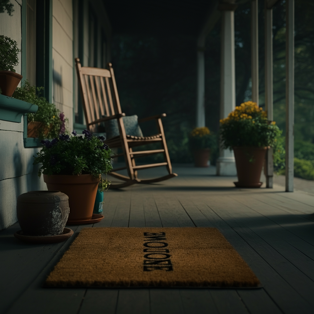 A porch with a rocking chair, potted plants, and a new welcome mat. The scene is softly lit, creating a cozy and inviting atmosphere.