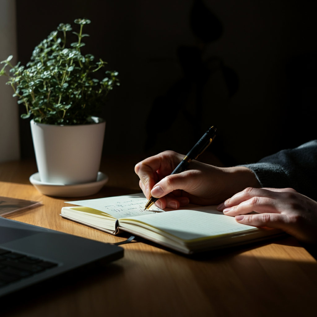 A person sitting in a brightly lit room, journaling with a pen and notebook. Soft, natural light filters through a window, casting gentle shadows on the page. Focus is on the hand writing in the notebook. A potted plant sits on the desk, adding a touch of green.
