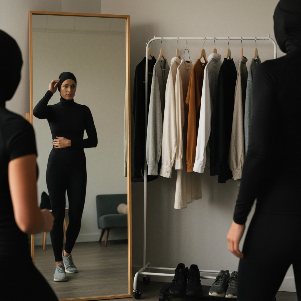 A person standing in front of a mirror, trying on different outfits. The lighting is soft and diffused. Several clothing items are neatly arranged on a clothing rack. The mirror reflects a confident posture.