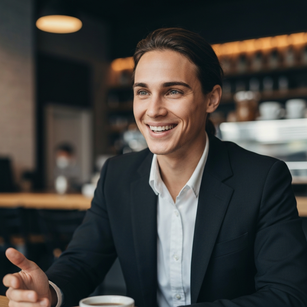 A person engaged in a conversation, maintaining eye contact and smiling warmly. The background is a blurred coffee shop setting with soft lighting. Focus is on the positive and engaging body language of the speaker.