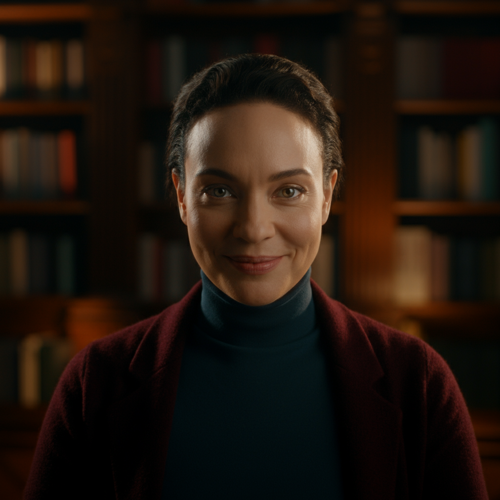A person looking directly at the camera with a soft, encouraging smile. The background is a warmly lit study with bookshelves. Focus is on the person's confident and supportive expression.
