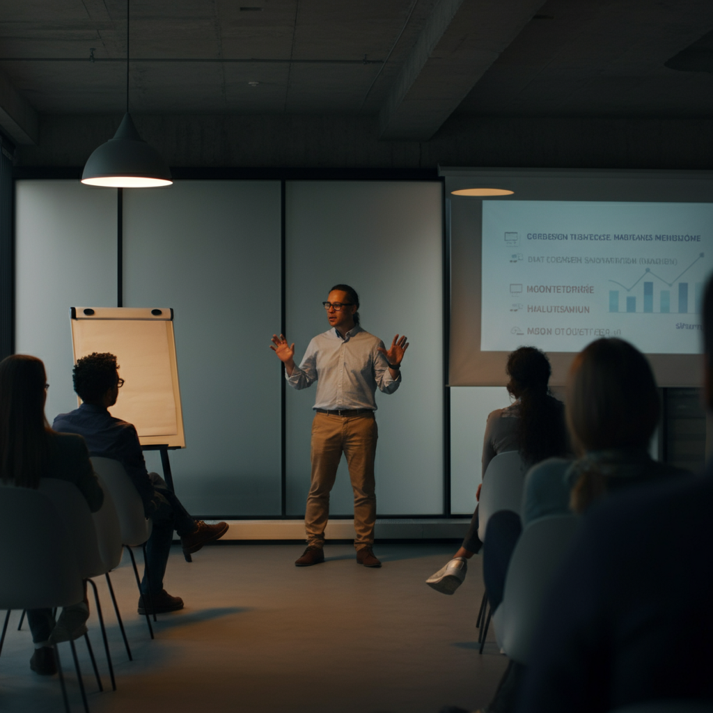 A person confidently presenting to a group in a modern office setting. The lighting is bright and professional. Focus is on the speaker's engaging gestures and clear communication.