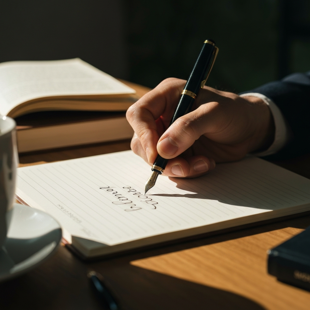 A close-up of a hand writing on a notepad with a fountain pen. Soft, natural light illuminates the page, creating long shadows. The notepad rests on a wooden desk cluttered with books and a half-empty coffee cup. Focus is on the tip of the pen and the forming letters.