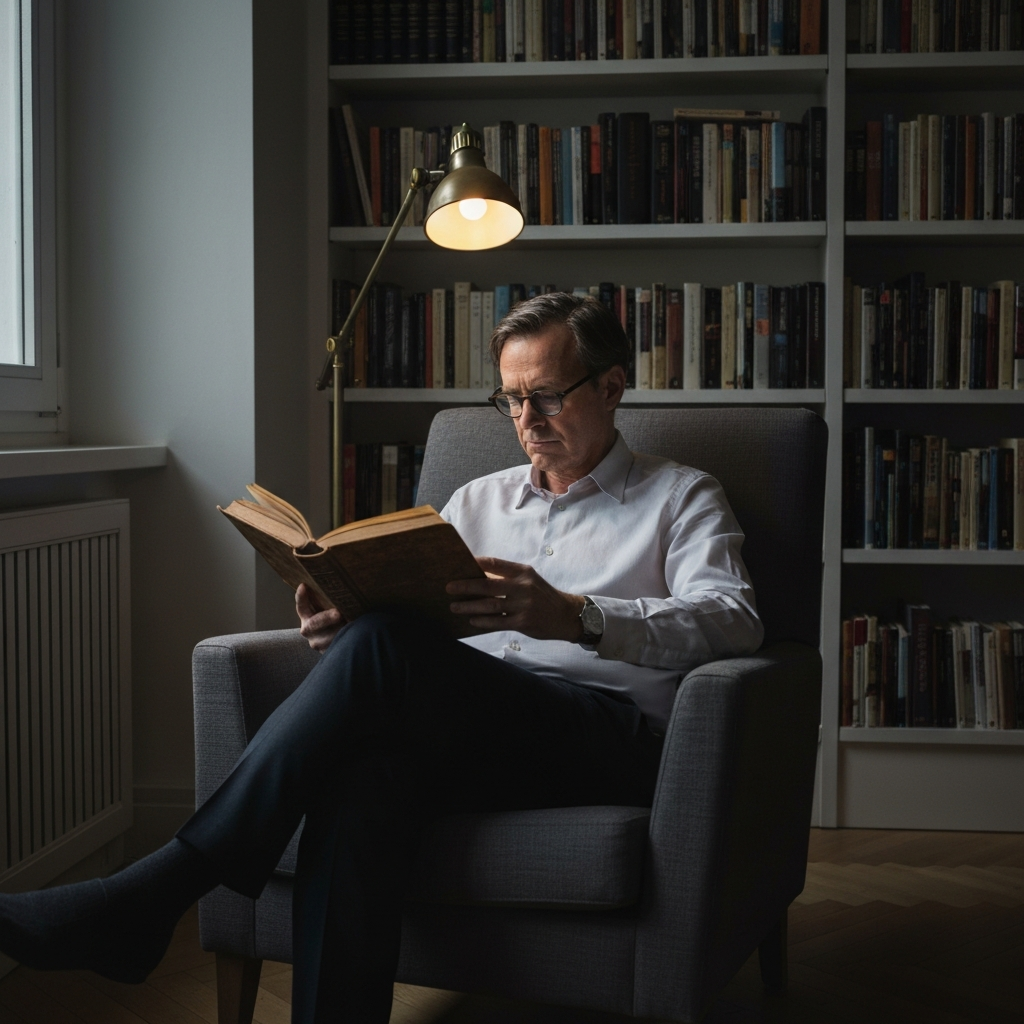 A medium shot of a person sitting in a comfortable armchair, reading an old, worn book. The room is dimly lit with a warm lamp, casting a soft glow on the reader's face. The person is wearing reading glasses and appears deep in thought. Bookshelves line the wall in the background.