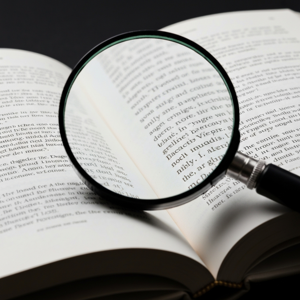 A macro shot of a magnifying glass over an open book. The focus is on the texture of the paper and the clarity of the printed text. The lighting is bright and directional, highlighting the details.