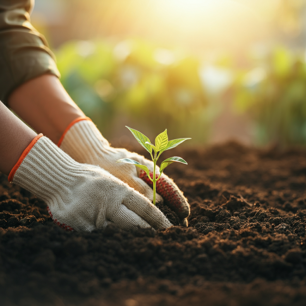 A medium shot of a person planting a small seedling in fertile soil. The person is wearing gardening gloves, and the background is blurred, suggesting a lush garden. The lighting is warm and golden, creating a sense of growth and potential.